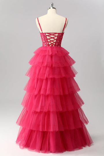 Robe de bal longue à plusieurs niveaux fuchsia scintillante avec appliques